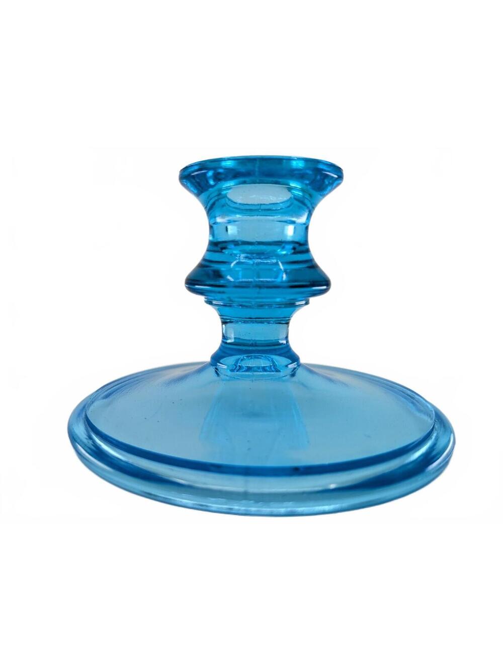 Vintage Fostoria Turquoise Blue Glass Candlestick Holder Mid Century Decor